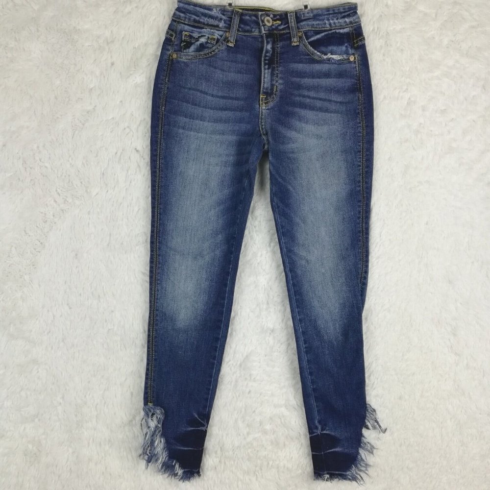 Kancan Womens‎ Jeans Skinny Crop Denim Blue Medium Wash Raw Hem Mid Rise 25